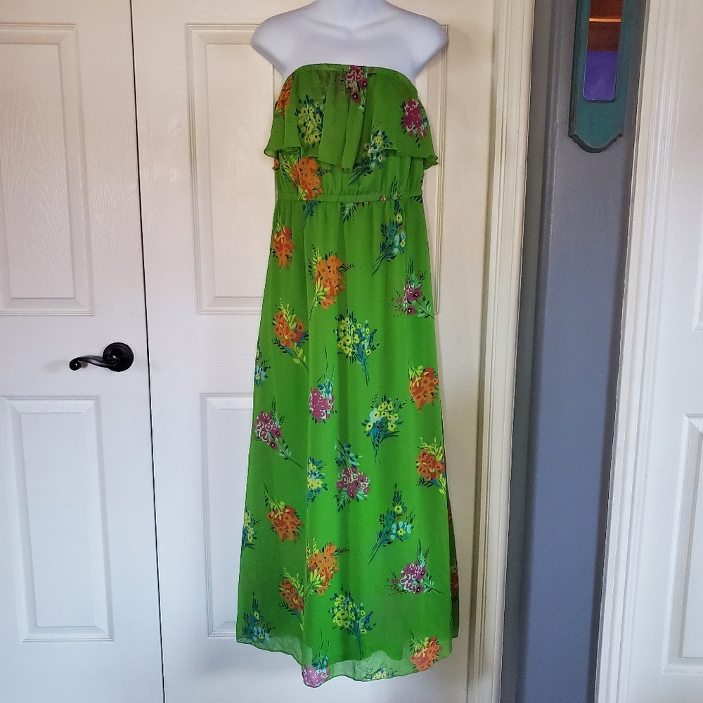 Old Navy Bright Green Floral Strapless Maxi Dress